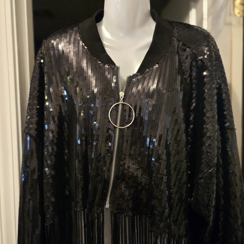 Black Sequin Cropped Bomber Jacket with Ring Zipper and Fringes